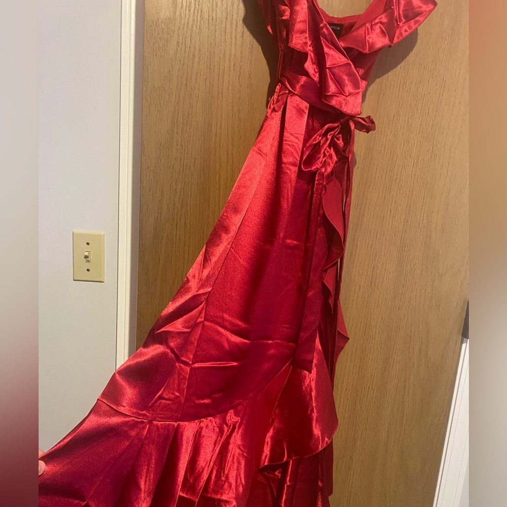 Little Mistress Red Satin Ruffle Maxi Dress